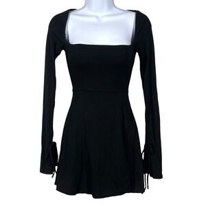 baize square neck long sleeve mini dress in black Black Denim Tie Front Eden Mini Dress main image 0